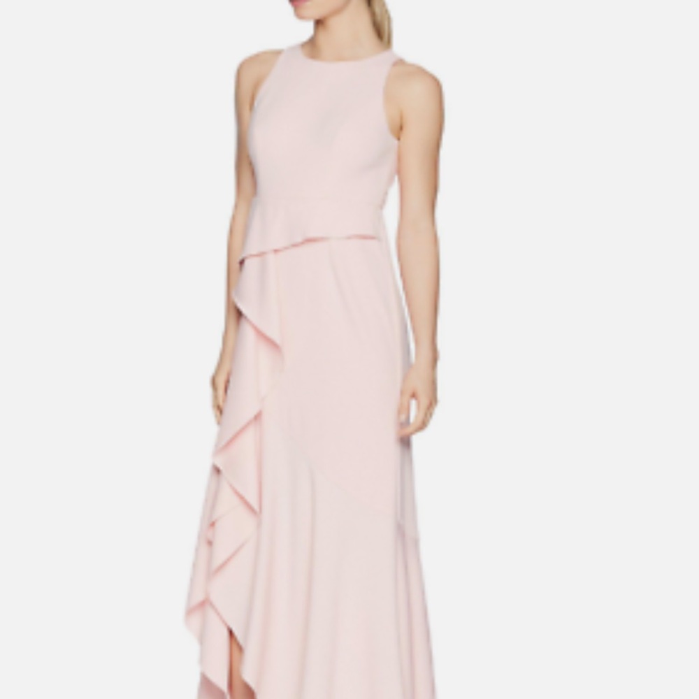 Adrianna Papell Blush Pink Sleeveless Long Knit Crepe Gown Cascade Ruffles sz 8
